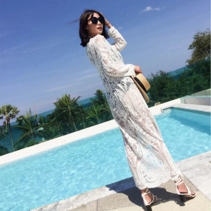 Robe Maxi Dentelle Blanche Manches Longues