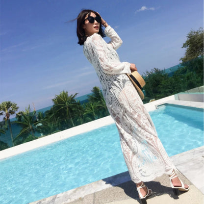 Robe Maxi Dentelle Blanche Manches Longues