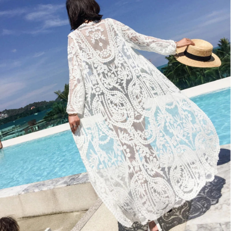 Robe Maxi Dentelle Blanche Manches Longues